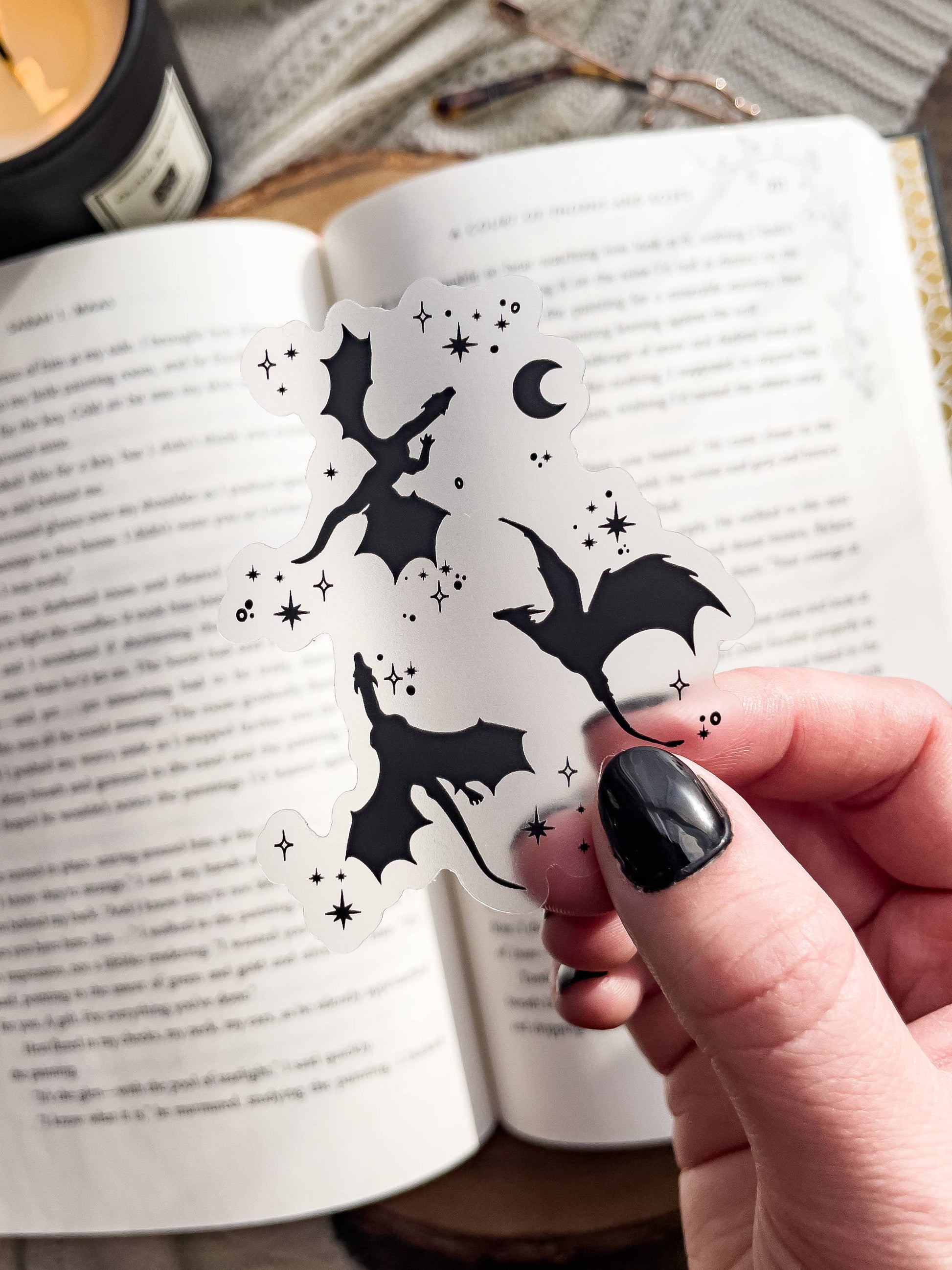 Celestial Dragon Waterproof Vinyl Sticker | Magic Bookish: Clear-Black