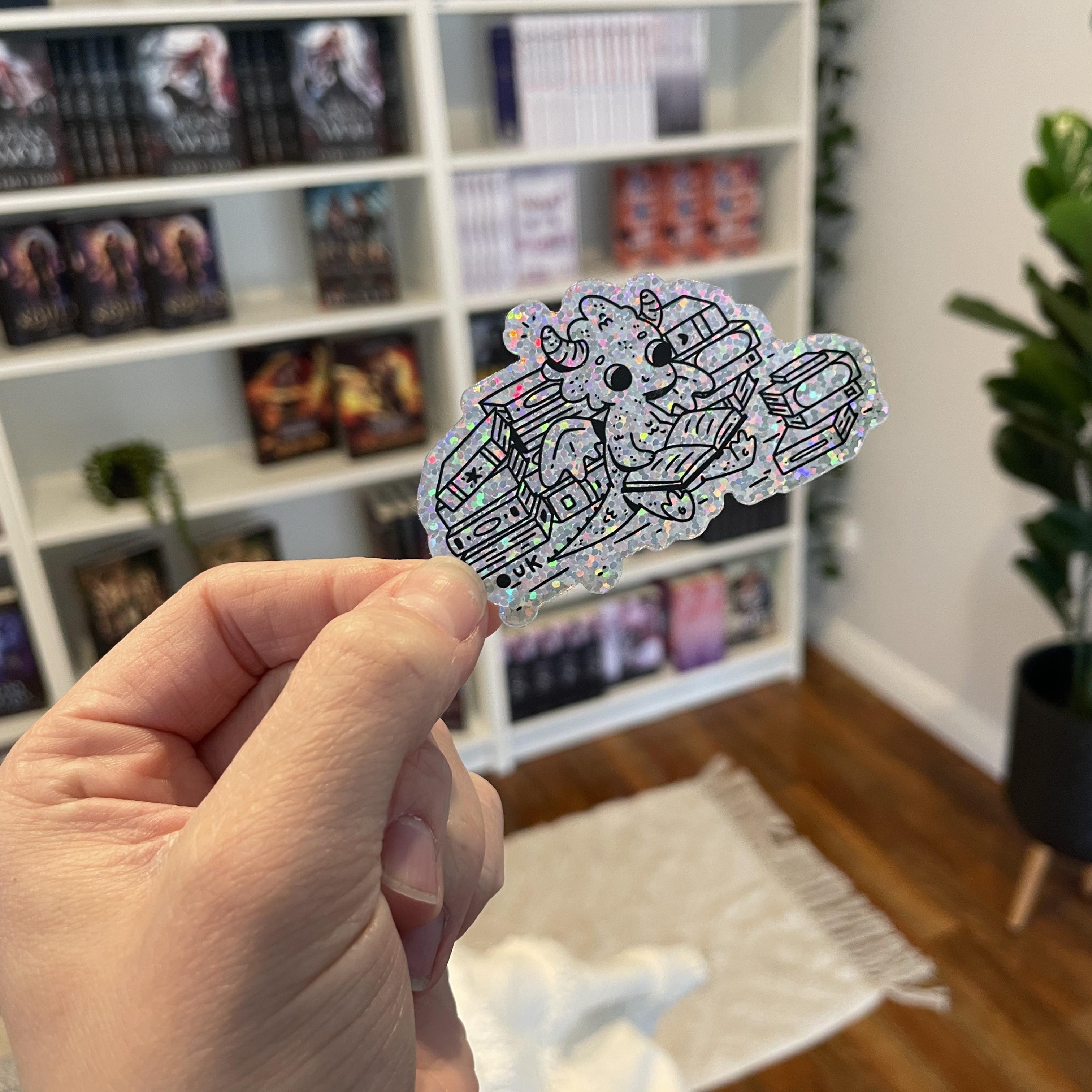 Book Hoarder Dragon - Glitter Holographic Vinyl Sticker