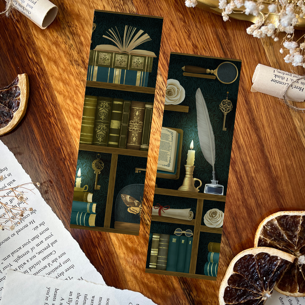Charlie and Fox Double-Sided Bookmark - Dark Academia (teal)