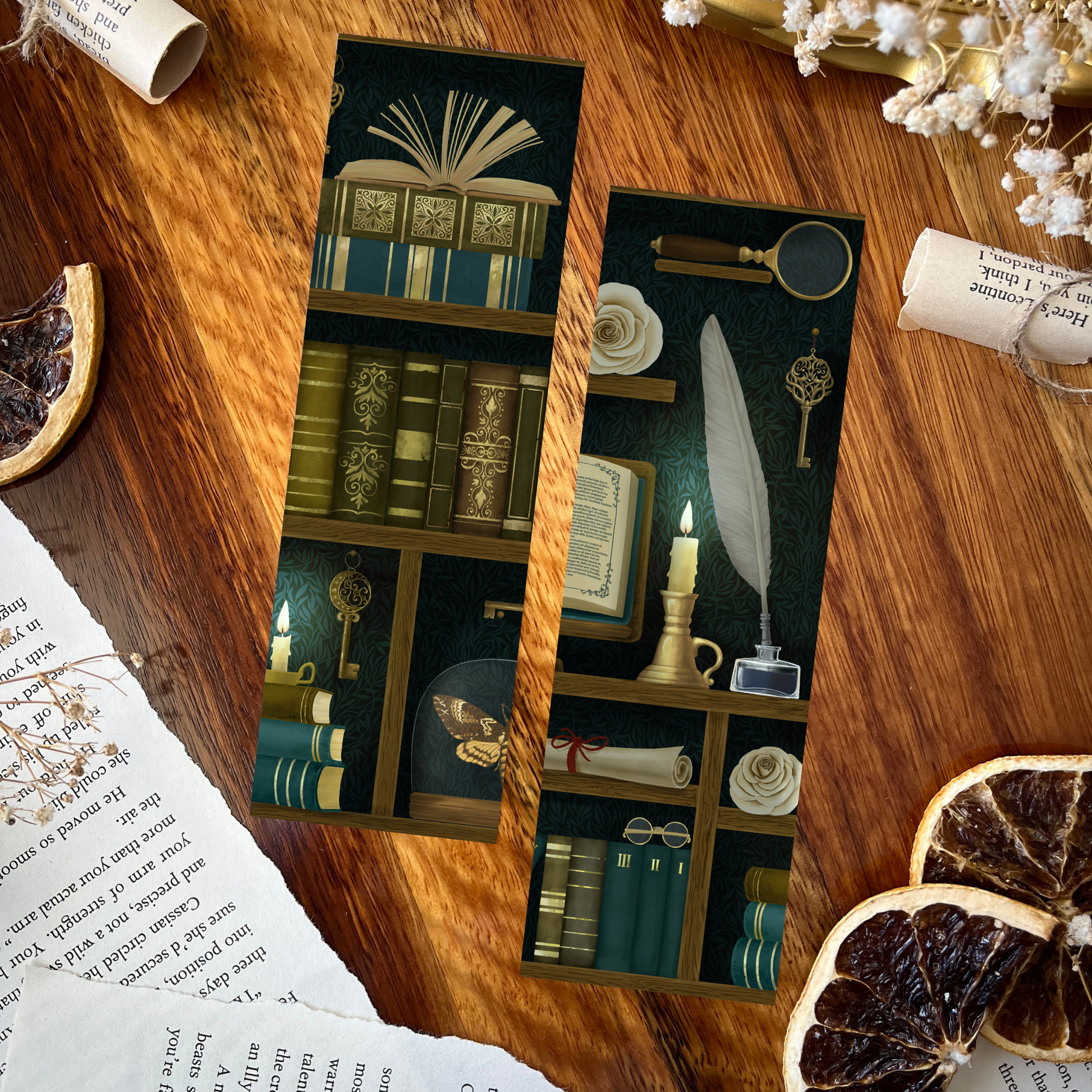Charlie and Fox Double-Sided Bookmark - Dark Academia (teal)