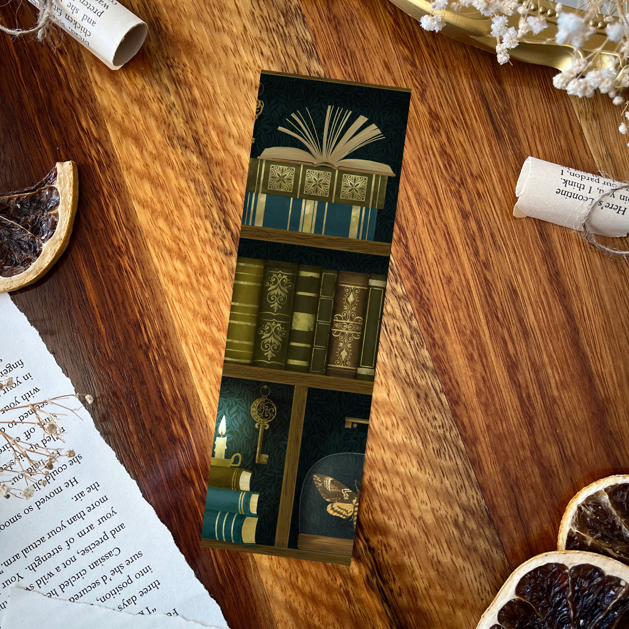 Charlie and Fox Double-Sided Bookmark - Dark Academia (teal)